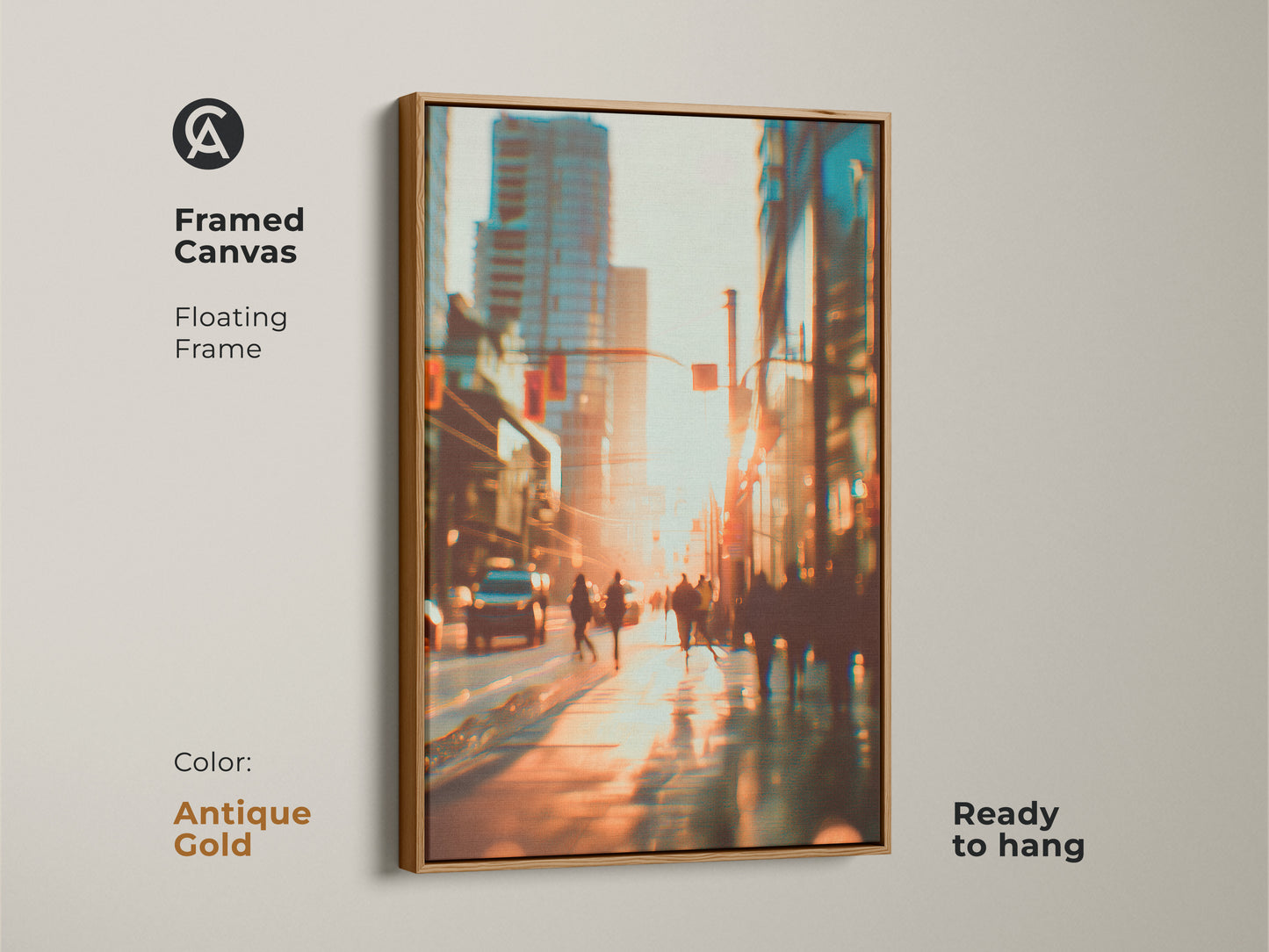 Framed canvas artwork showcasing a blurred city street scene. The antique gold floating frame adds a touch of vintage charm. Ready to hang this piece is a unique addition to any collection. The artwork evokes a sense of nostalgia.