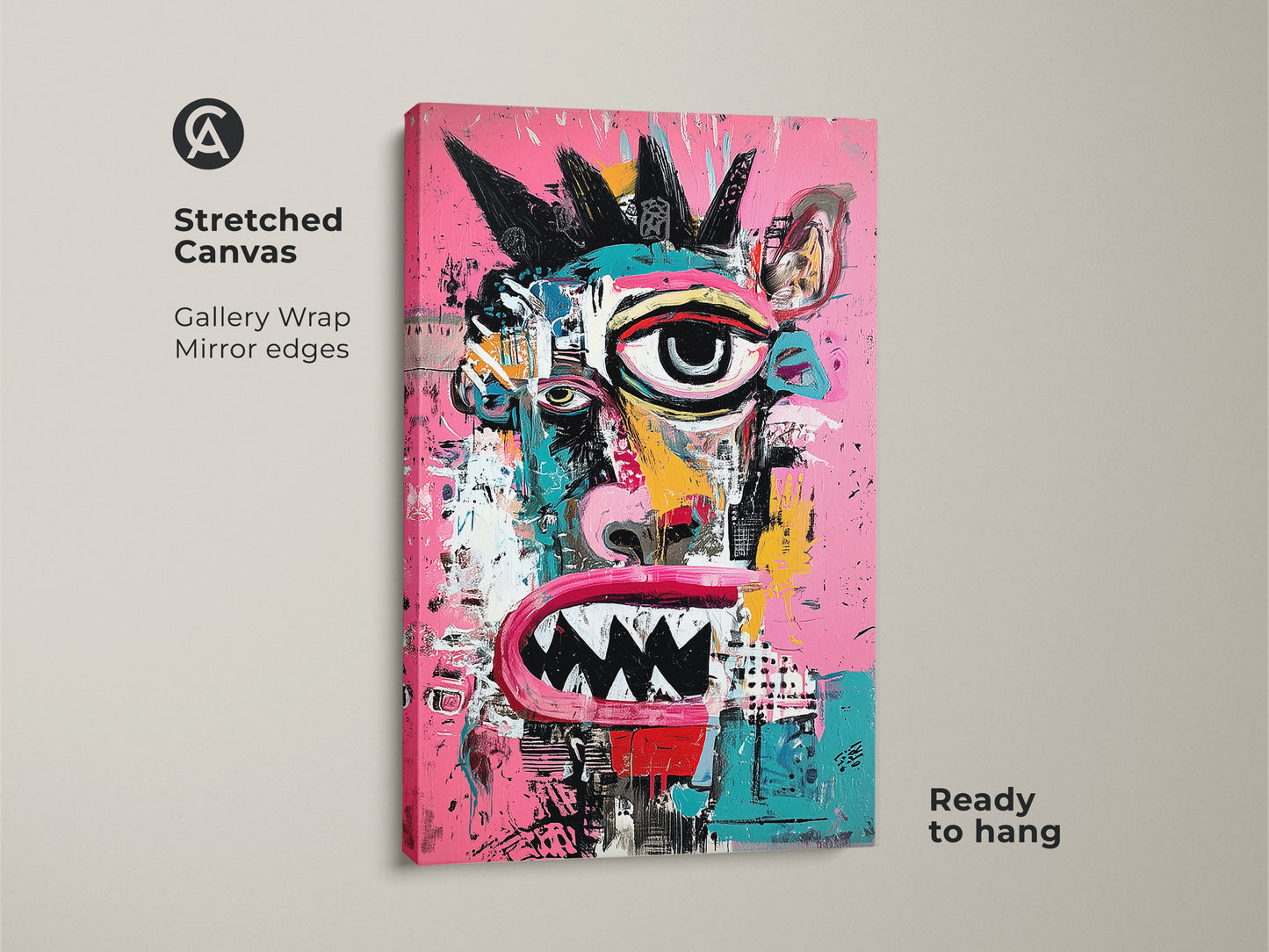 Stretched canvas art print showcasing a colorful monster face. The gallery wrap with mirrored edges gives it a clean look. Ready to hang this artwork instantly enhances your home decor. Its vivid details make it a standout piece.