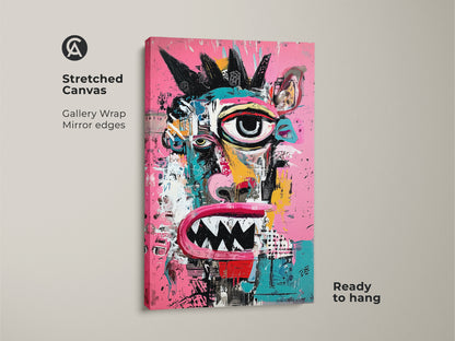 Stretched canvas art print showcasing a colorful monster face. The gallery wrap with mirrored edges gives it a clean look. Ready to hang this artwork instantly enhances your home decor. Its vivid details make it a standout piece.