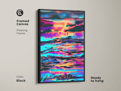 Framed canvas showcasing an abstract glitch art piece in a floating black frame. The artwork presents a skyline landscape with cyan orange and purple shades. Ready to hang this modern digital artwork adds a contemporary touch to any room. It is perfect for bedroom or office.