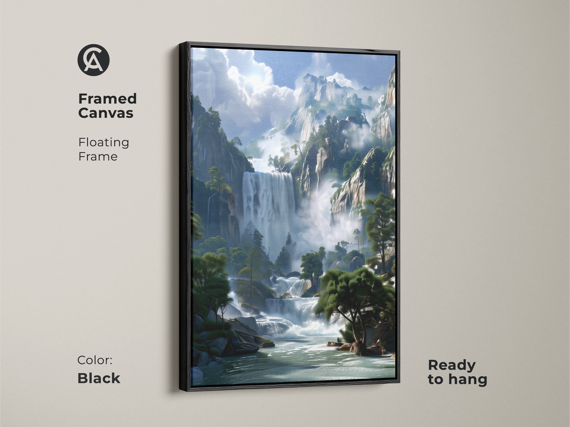 Framed canvas featuring a rustic mountain waterfall. The black floating frame enhances the blue green landscape. Ready to hang this nature scenery decor is ideal for adding a touch of tranquility to your home.