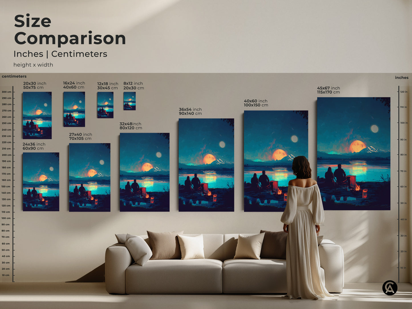 Size comparison showcases the couple by campfire art in various dimensions. From 8x12 to 45x67 inches. This lake scene canvas print makes a statement. It is an ideal anniversary gift.