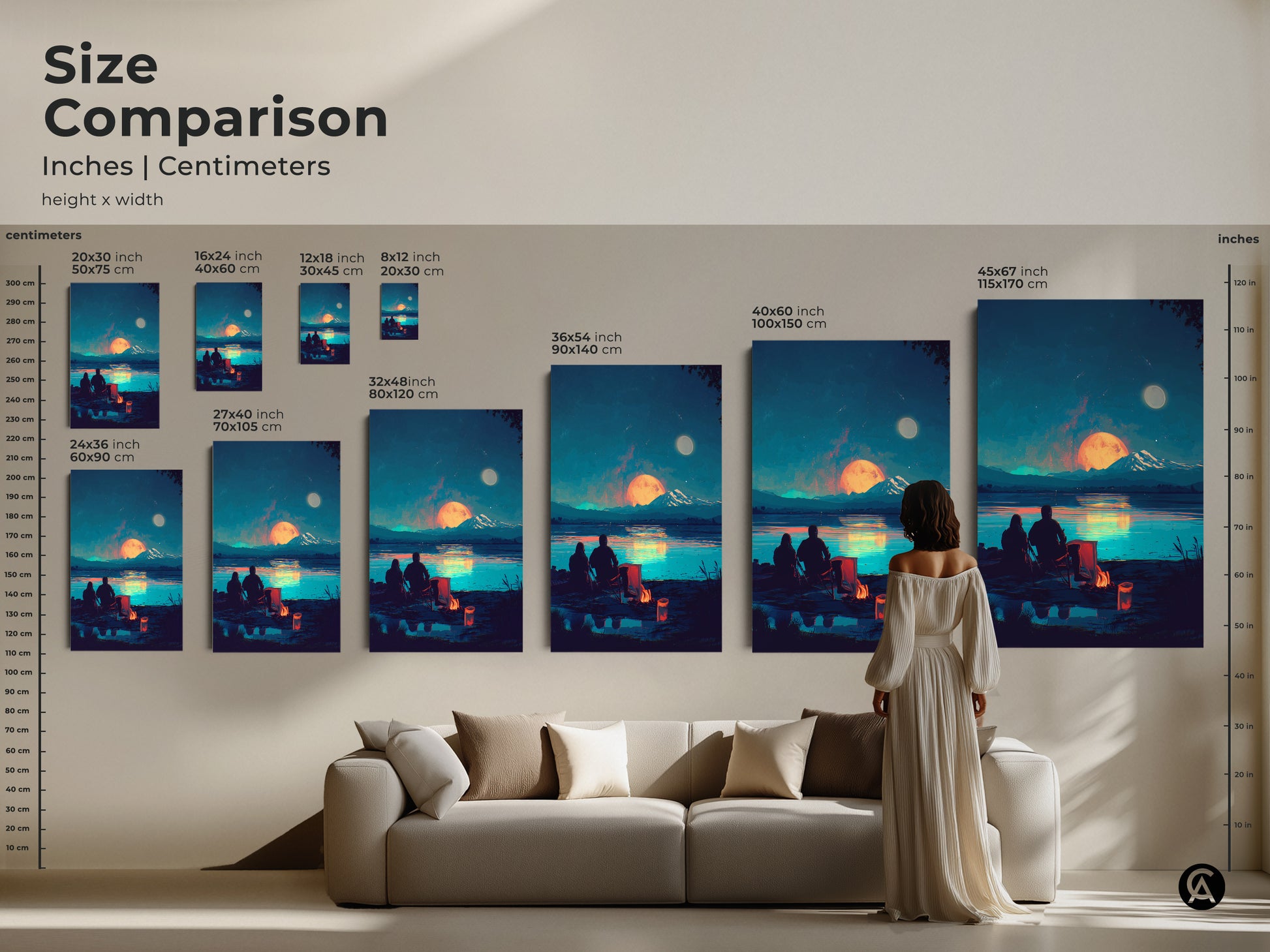 Size comparison showcases the couple by campfire art in various dimensions. From 8x12 to 45x67 inches. This lake scene canvas print makes a statement. It is an ideal anniversary gift.