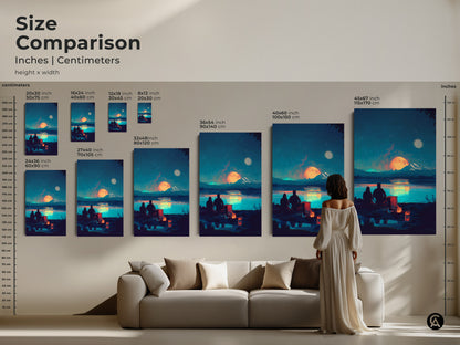 Size comparison showcases the couple by campfire art in various dimensions. From 8x12 to 45x67 inches. This lake scene canvas print makes a statement. It is an ideal anniversary gift.