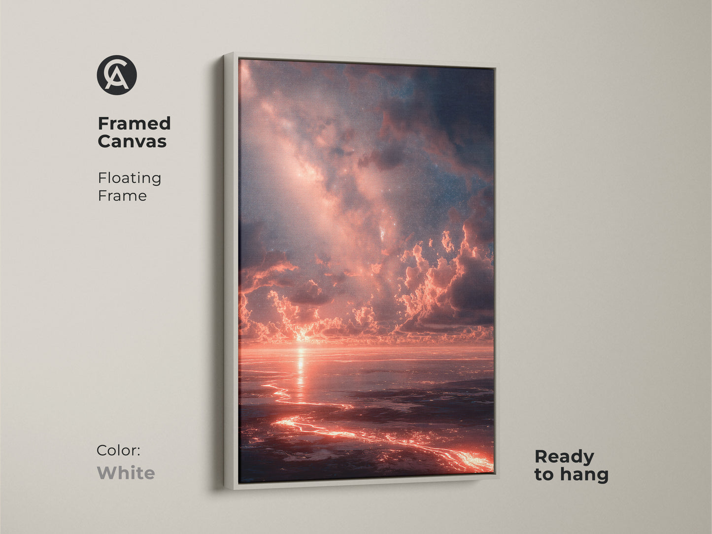 White framed canvas art print featuring a beautiful sunset over the ocean. The clean white floating frame complements the artwork. Ready to hang this piece adds a fresh and modern touch to any room. A serene and stylish addition to your home.