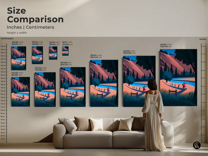 Size Comparison of the Boho Nature Artwork. Sizes in inches and centimeters. River Landscape Canvas Art featuring hikers. This modern folk art print has a coral blue teal color palette. Perfect for outdoor lovers. A great housewarming gift for hikers.