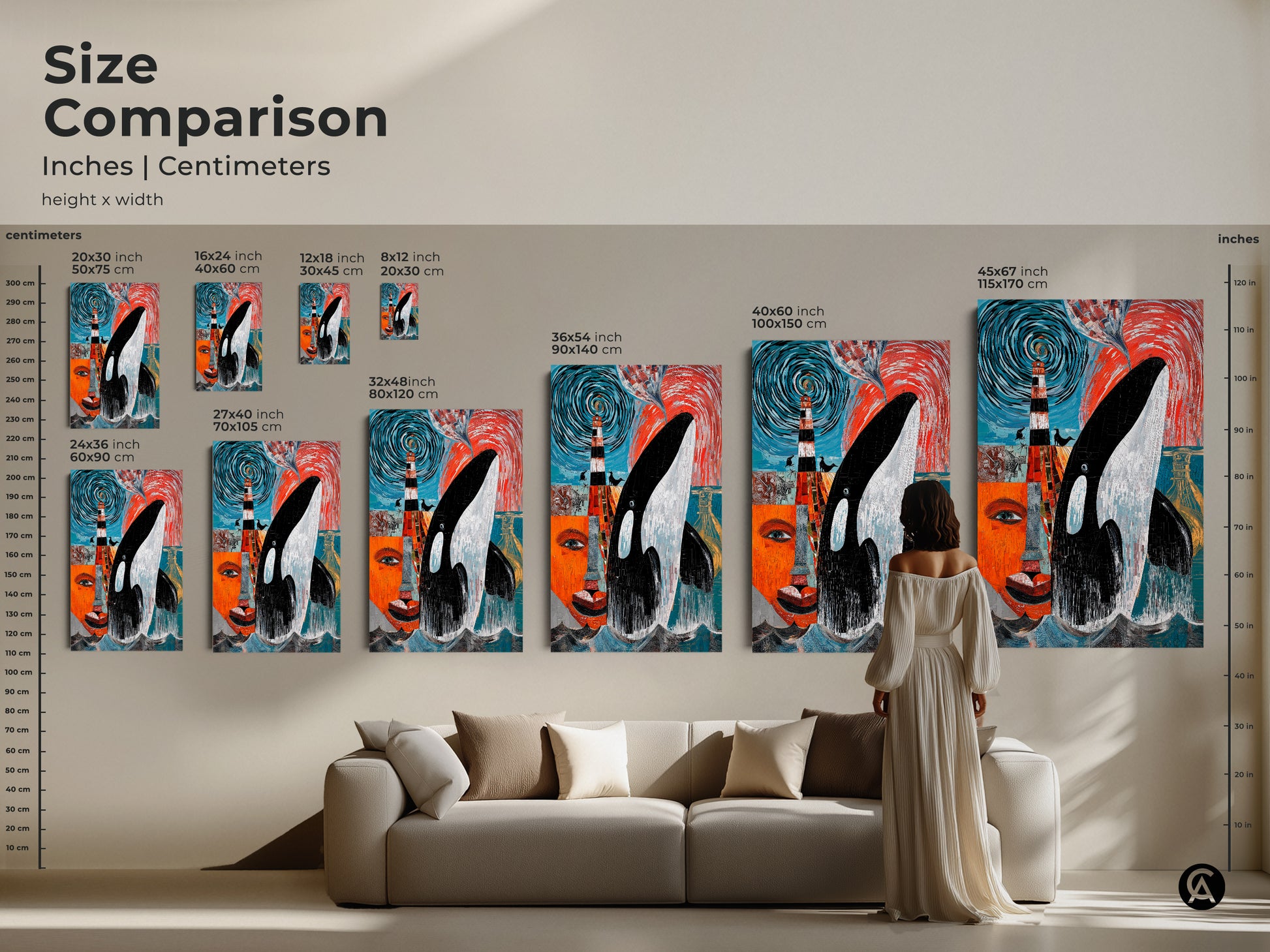 Explore size options for this abstract Orca whale & lighthouse canvas or poster art. Find the perfect fit from small to large vertical orientations. Transform your walls with this eclectic home decor ocean theme wall art. A statement piece for any room in your house.