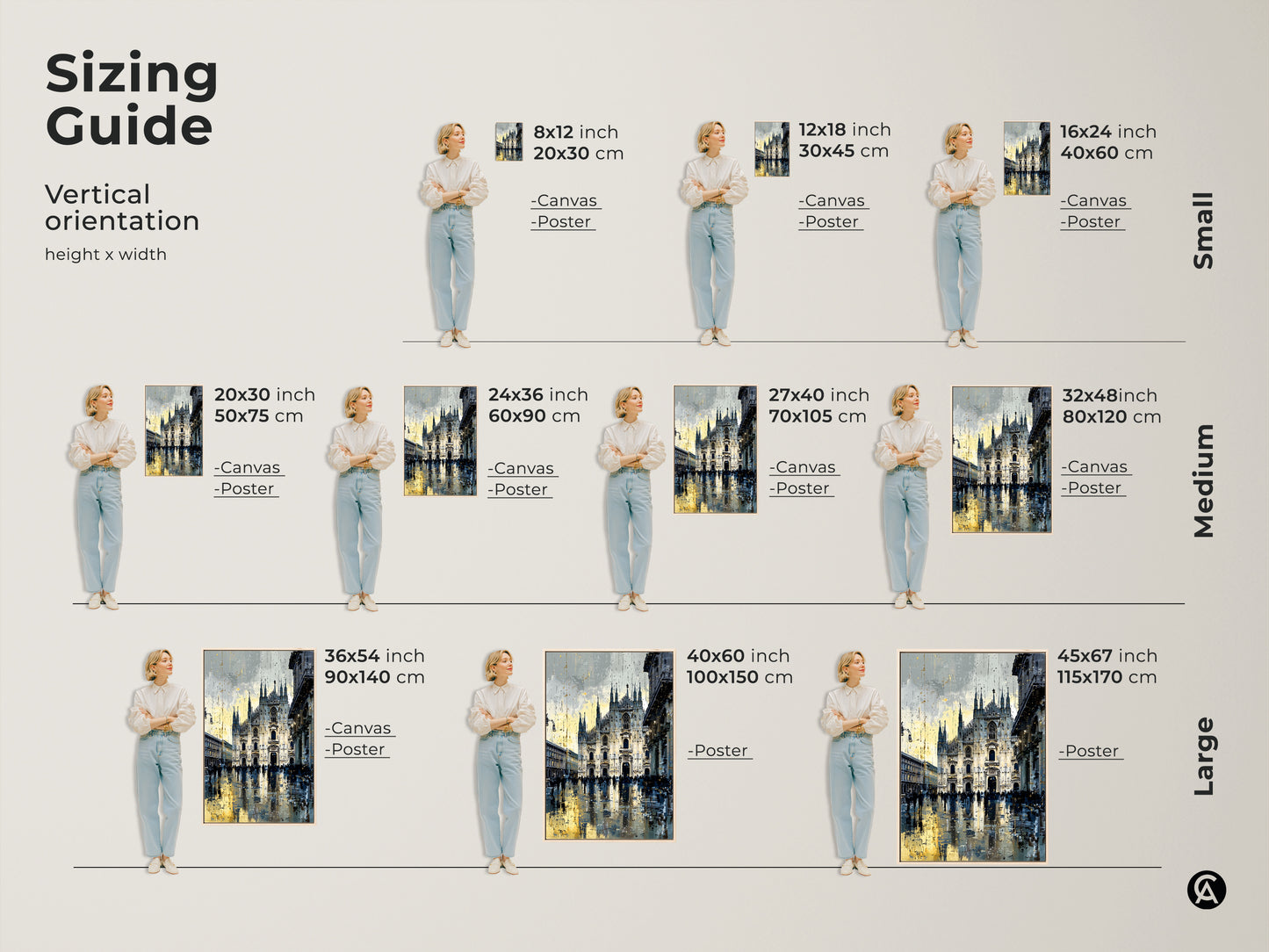 Sizing guide for Milan Cathedral artwork. Vertical orientation options in various sizes. Available as canvas or poster. Find the perfect fit for your space. Blue yellow and gray tones enhance this urban cityscape art. Choose the ideal size for your wall decor.