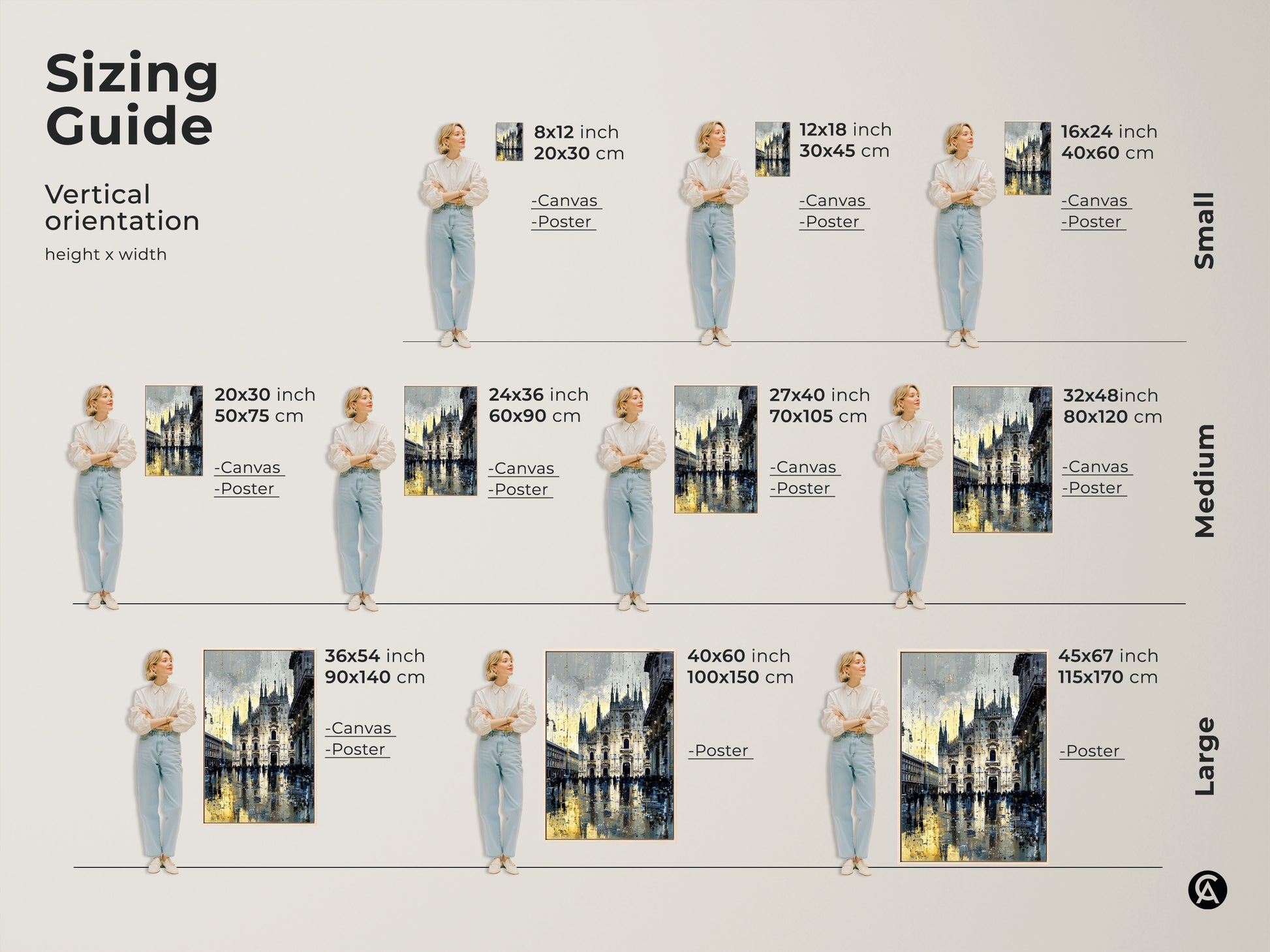 Sizing guide for Milan Cathedral artwork. Vertical orientation options in various sizes. Available as canvas or poster. Find the perfect fit for your space. Blue yellow and gray tones enhance this urban cityscape art. Choose the ideal size for your wall decor.