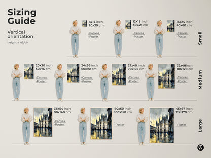 Sizing guide for Milan Cathedral artwork. Vertical orientation options in various sizes. Available as canvas or poster. Find the perfect fit for your space. Blue yellow and gray tones enhance this urban cityscape art. Choose the ideal size for your wall decor.