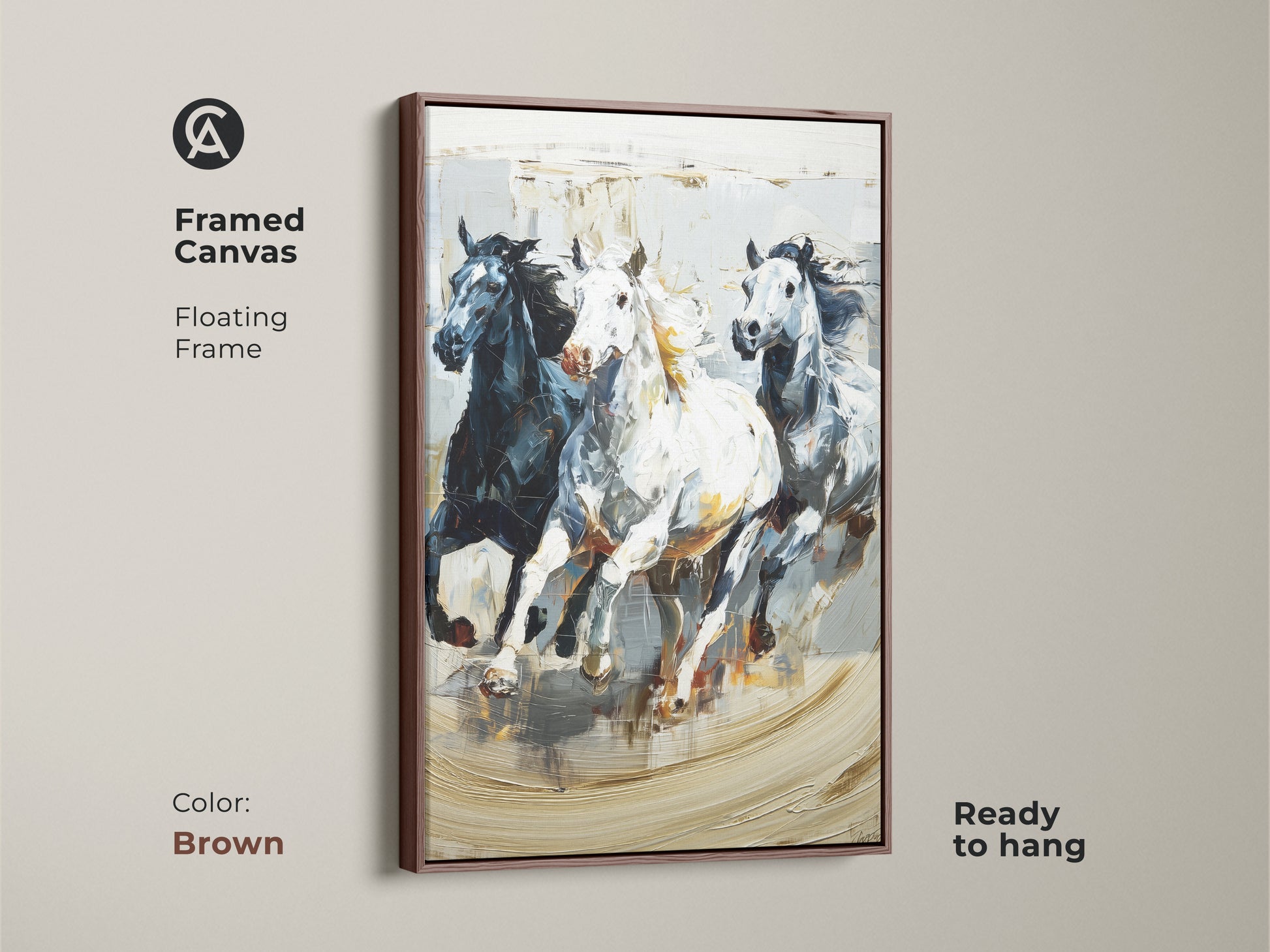 Framed canvas featuring galloping horses in an impressionistic style with a floating brown frame. The black white and gray animal nature artwork is ready to hang. Perfect for eclectic homes and horse enthusiasts. Dynamic equine art captures wild horse movement. It brings nature's beauty to any room. It is a unique housewarming gift.