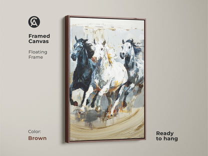 Framed canvas featuring galloping horses in an impressionistic style with a floating brown frame. The black white and gray animal nature artwork is ready to hang. Perfect for eclectic homes and horse enthusiasts. Dynamic equine art captures wild horse movement. It brings nature's beauty to any room. It is a unique housewarming gift.