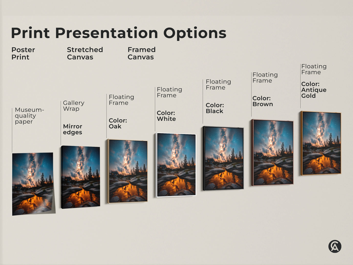Explore print presentation options with this Milky Way canvas art. Choose from poster prints stretched canvases and framed canvases. Floating frame colors include oak white black brown and antique gold. Find the perfect cosmic galaxy wall decor for your home.