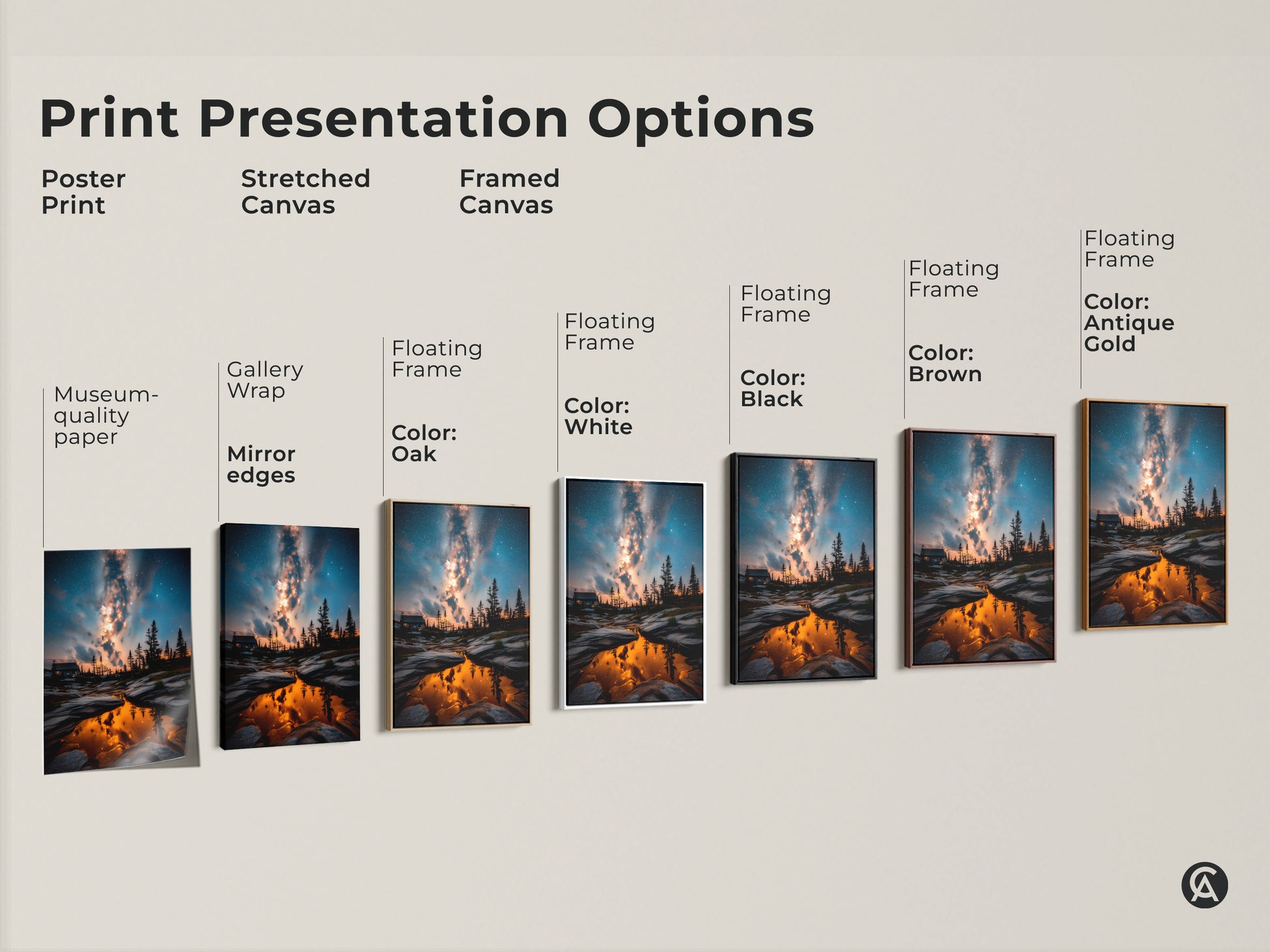 Explore print presentation options with this Milky Way canvas art. Choose from poster prints stretched canvases and framed canvases. Floating frame colors include oak white black brown and antique gold. Find the perfect cosmic galaxy wall decor for your home.