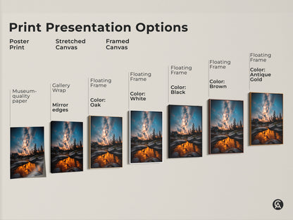 Explore print presentation options with this Milky Way canvas art. Choose from poster prints stretched canvases and framed canvases. Floating frame colors include oak white black brown and antique gold. Find the perfect cosmic galaxy wall decor for your home.