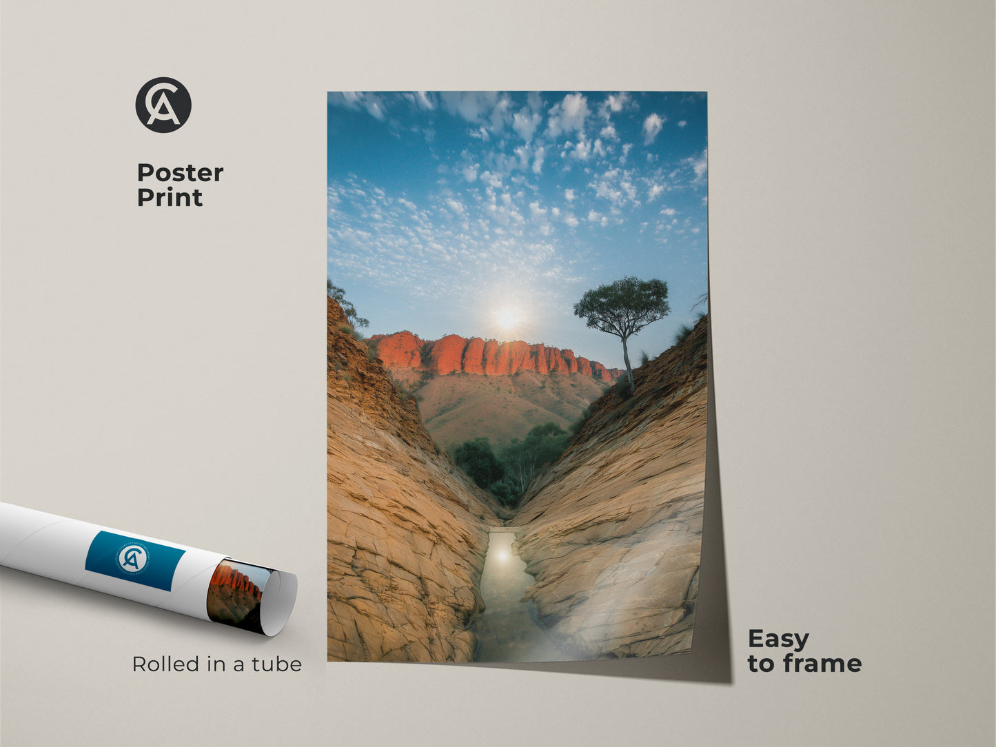 Elevate your space with this easy to frame Australian landscape poster print. Rolled in a tube for convenience this nature artwork features a captivating desert canyon. The red rock formations and blue sky create a wanderlust wall decor. Ideal as a housewarming gift for him.