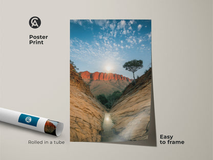Elevate your space with this easy to frame Australian landscape poster print. Rolled in a tube for convenience this nature artwork features a captivating desert canyon. The red rock formations and blue sky create a wanderlust wall decor. Ideal as a housewarming gift for him.