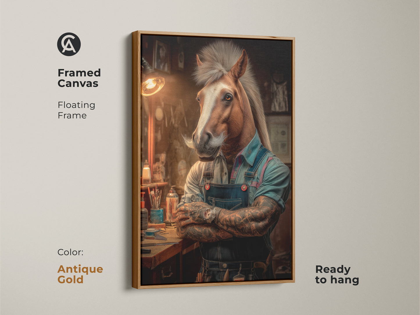 Framed canvas print of a horse as a barber in surreal art. This antique gold frame enhances this unique animal painting. Ready to hang this quirky art print suits any space seeking character. Perfect as a gift for horse lovers or a conversation starter in your home.