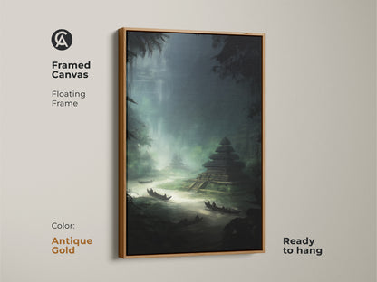 Antique gold framed canvas showcasing an emerald jungle temple. The forest green river landscape art features a floating frame. Ready to hang this mystical jungle scene artwork is perfect for office decor. The waterfall jungle view print is a unique art piece.