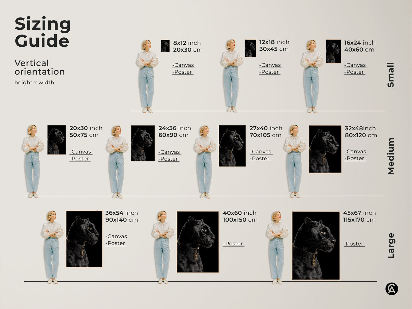 Sizing guide for black panther wall art. Canvas and poster options available. Small medium and large sizes shown. Find the perfect fit for your space. Enhance your home with luxury wildlife decor.
