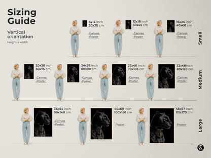 Sizing guide for black panther wall art. Canvas and poster options available. Small medium and large sizes shown. Find the perfect fit for your space. Enhance your home with luxury wildlife decor.
