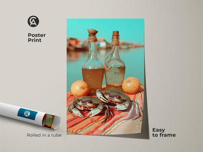Coastal crab and lemon poster print is easy to frame. This boho kitchen wall artwork is rolled in a tube. The foodie art print features orange red and turquoise. Use this seascape folk art print for beach theme. Add a colorful boho wall hanging to your home.