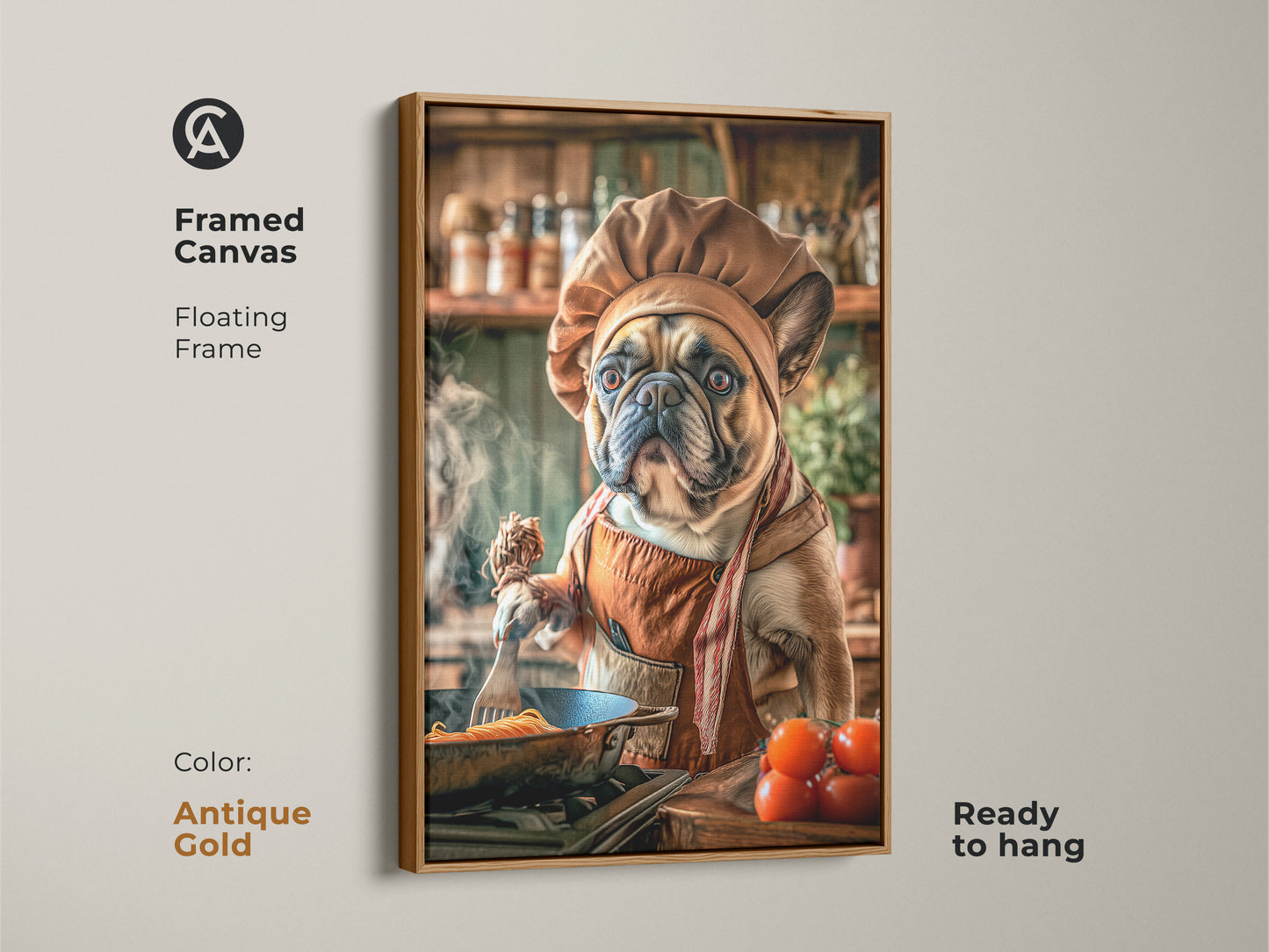 Antique Gold framed canvas with a French Bulldog chef. This charming wall decor showcases a cooking French Bulldog. This whimsical digital art brightens any kitchen. A fun foodie gift idea.