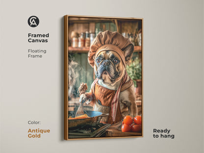 Antique Gold framed canvas with a French Bulldog chef. This charming wall decor showcases a cooking French Bulldog. This whimsical digital art brightens any kitchen. A fun foodie gift idea.