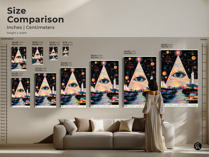 Size comparison of surreal eye cityscape art. Inches and centimeters are listed. Various sizes are displayed next to a sofa. See how the 20x30 inch to 45x67 inch sizes fit. Choose your perfect size.