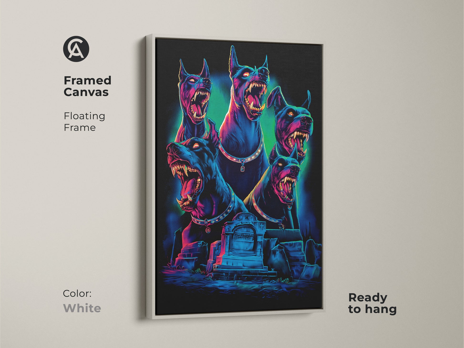 Framed canvas of a Gothic Cerberus artwork. A white frame surrounds this neon blue and electric pink dark fantasy print. The mythology dog art is ready to hang. It will add a unique touch to your gothic room decor.