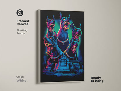 Framed canvas of a Gothic Cerberus artwork. A white frame surrounds this neon blue and electric pink dark fantasy print. The mythology dog art is ready to hang. It will add a unique touch to your gothic room decor.