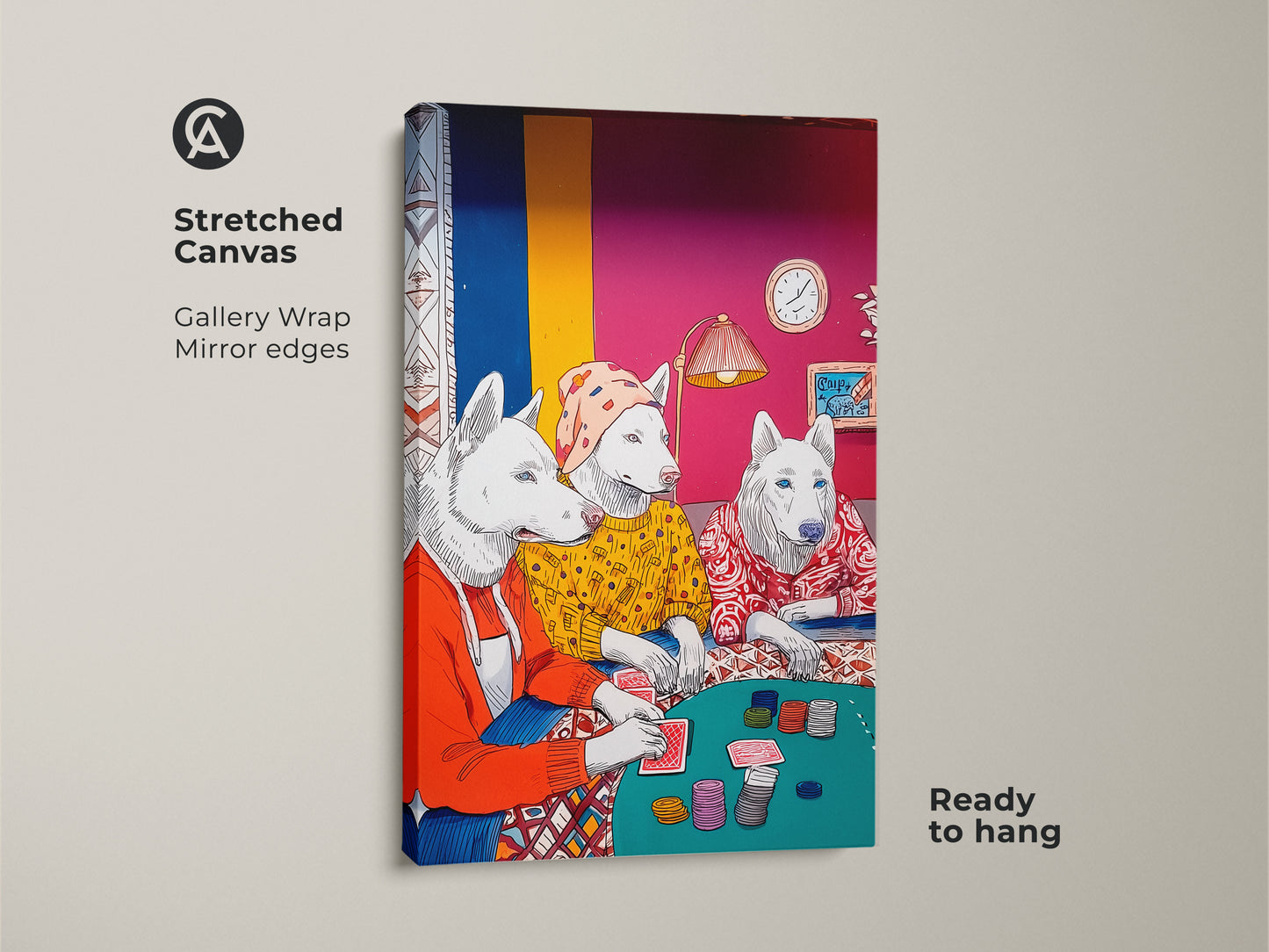 Stretched canvas art print features huskies playing poker creating an eclectic home vibe. This gallery-wrapped canvas has mirrored edges and is ready to hang. The whimsical animal-themed artwork adds a unique touch. Perfect for dog lovers.