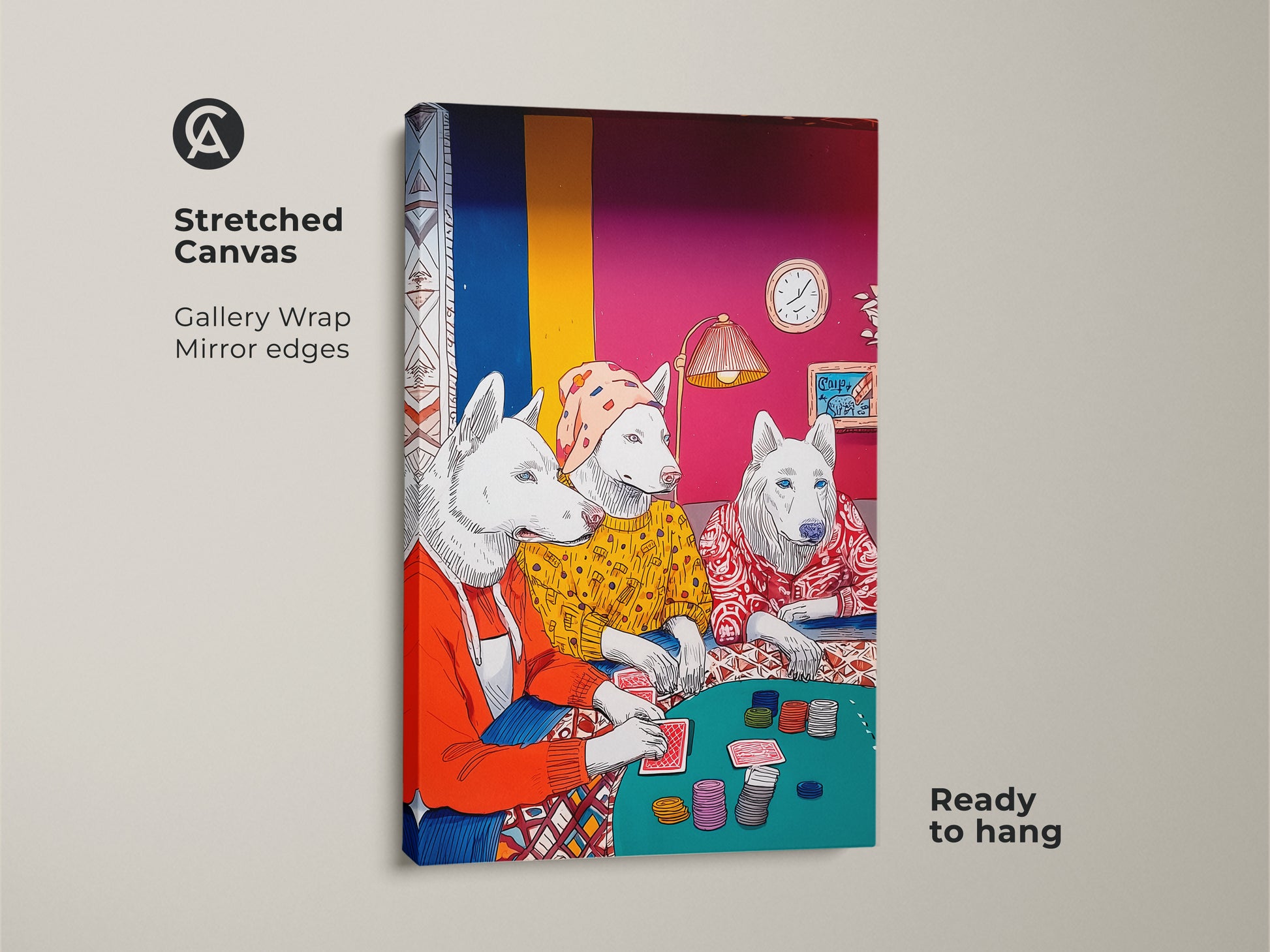 Stretched canvas art print features huskies playing poker creating an eclectic home vibe. This gallery-wrapped canvas has mirrored edges and is ready to hang. The whimsical animal-themed artwork adds a unique touch. Perfect for dog lovers.