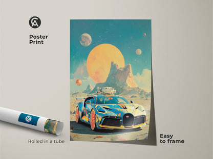 Cyberpunk sports car art print rolled in a poster tube. The retro futurism car canvas features a sci-fi vehicle on an alien planet. The teal orange palette makes it a unique art piece. It is easy to frame and adds flair as office wall art. Great gift for car enthusiasts.