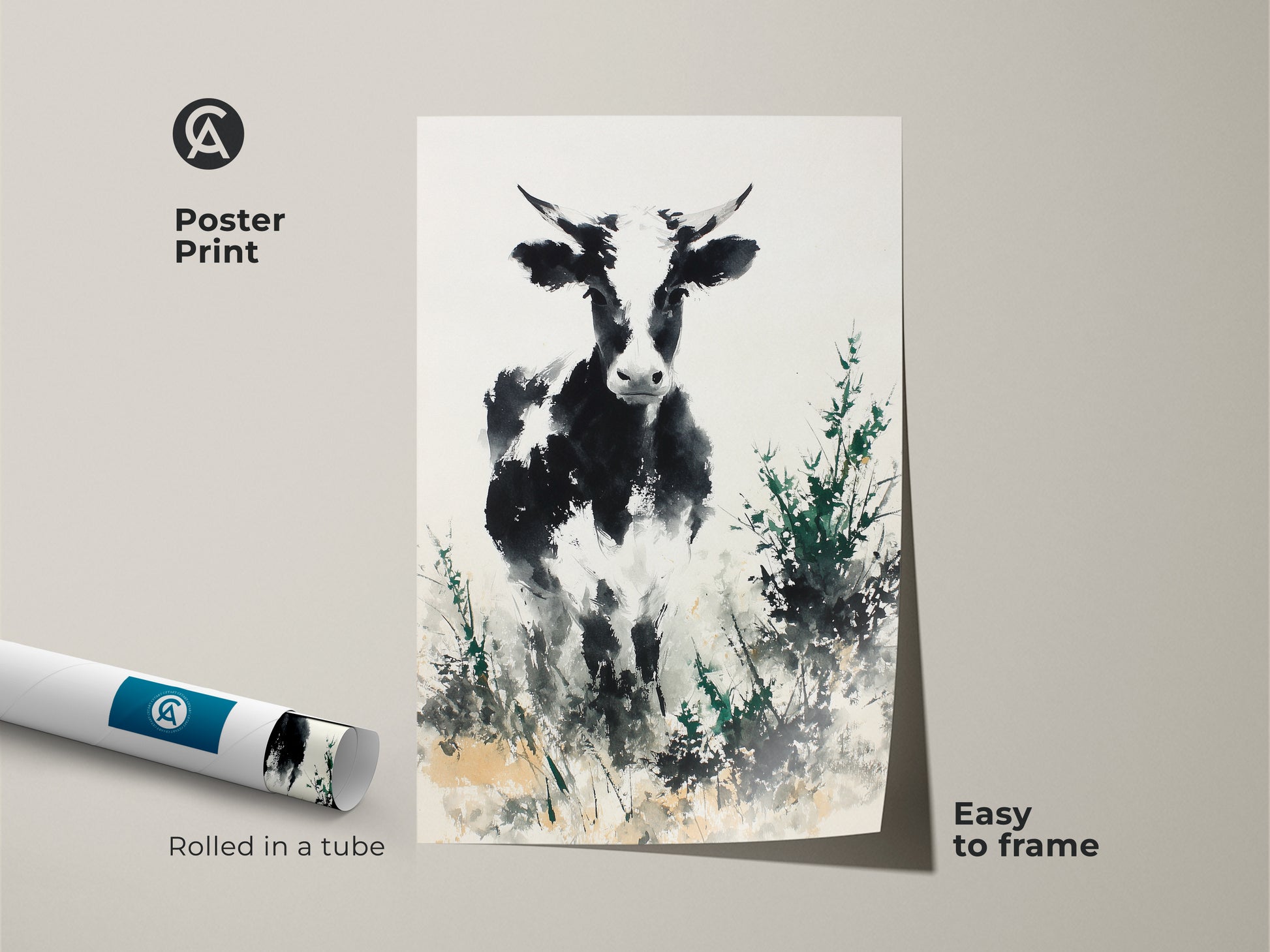 Poster Print featuring a black and white cow in a field. This animal art is easy to frame. The painting has a contemporary style. The artwork is rolled in a tube. Add this art to your home decor collection