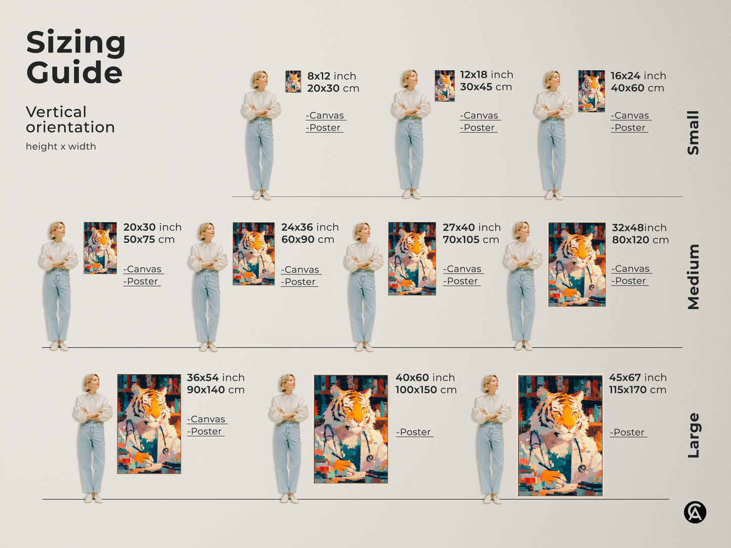 Sizing guide for vertical tiger doctor artwork. Available in small medium and large sizes. Visualize the artwork in different dimensions. Perfect for any space. Choose the ideal size to fit your wall and decor. See how it looks with a model for scale.