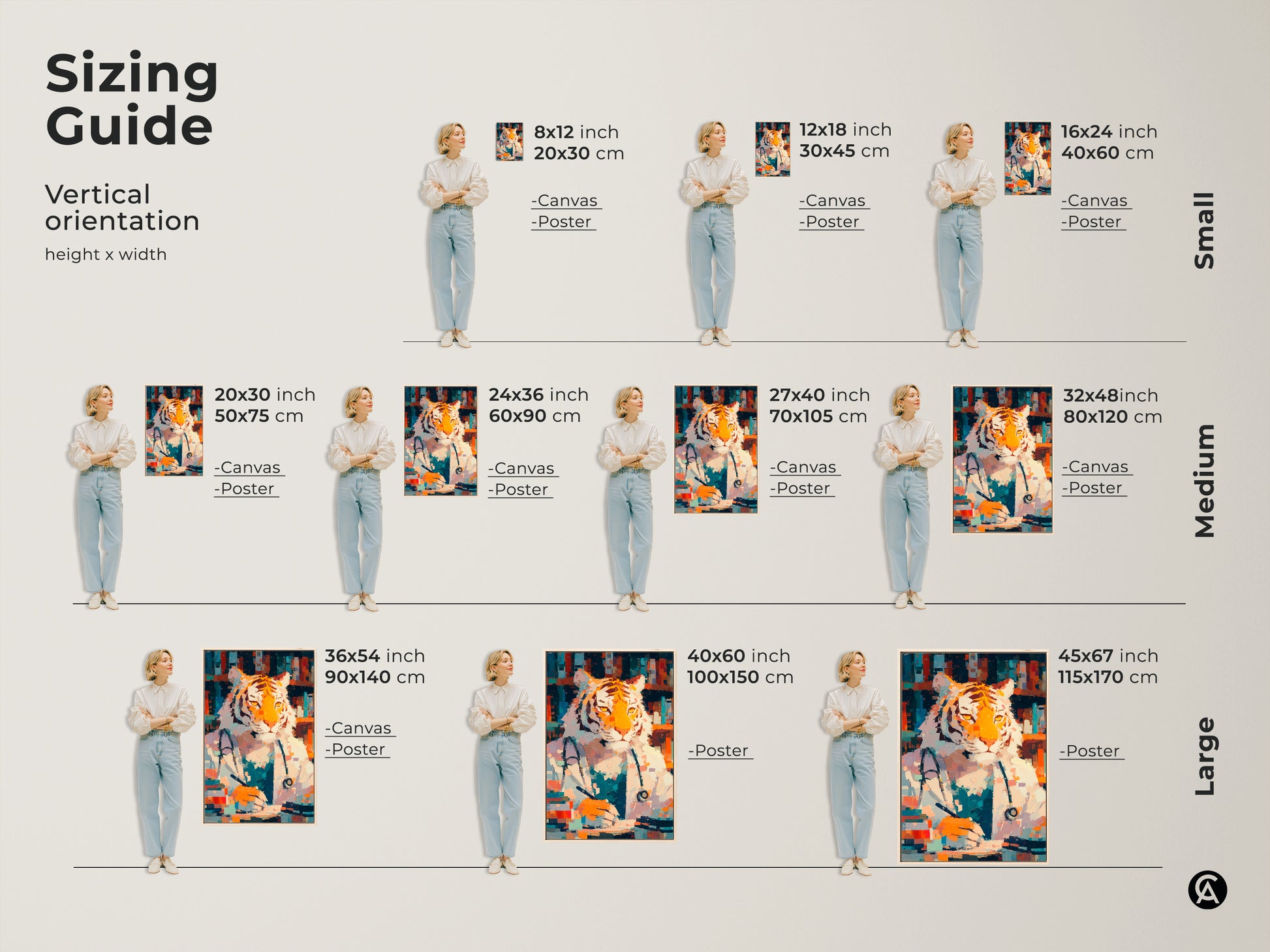 Sizing guide for vertical tiger doctor artwork. Available in small medium and large sizes. Visualize the artwork in different dimensions. Perfect for any space. Choose the ideal size to fit your wall and decor. See how it looks with a model for scale.