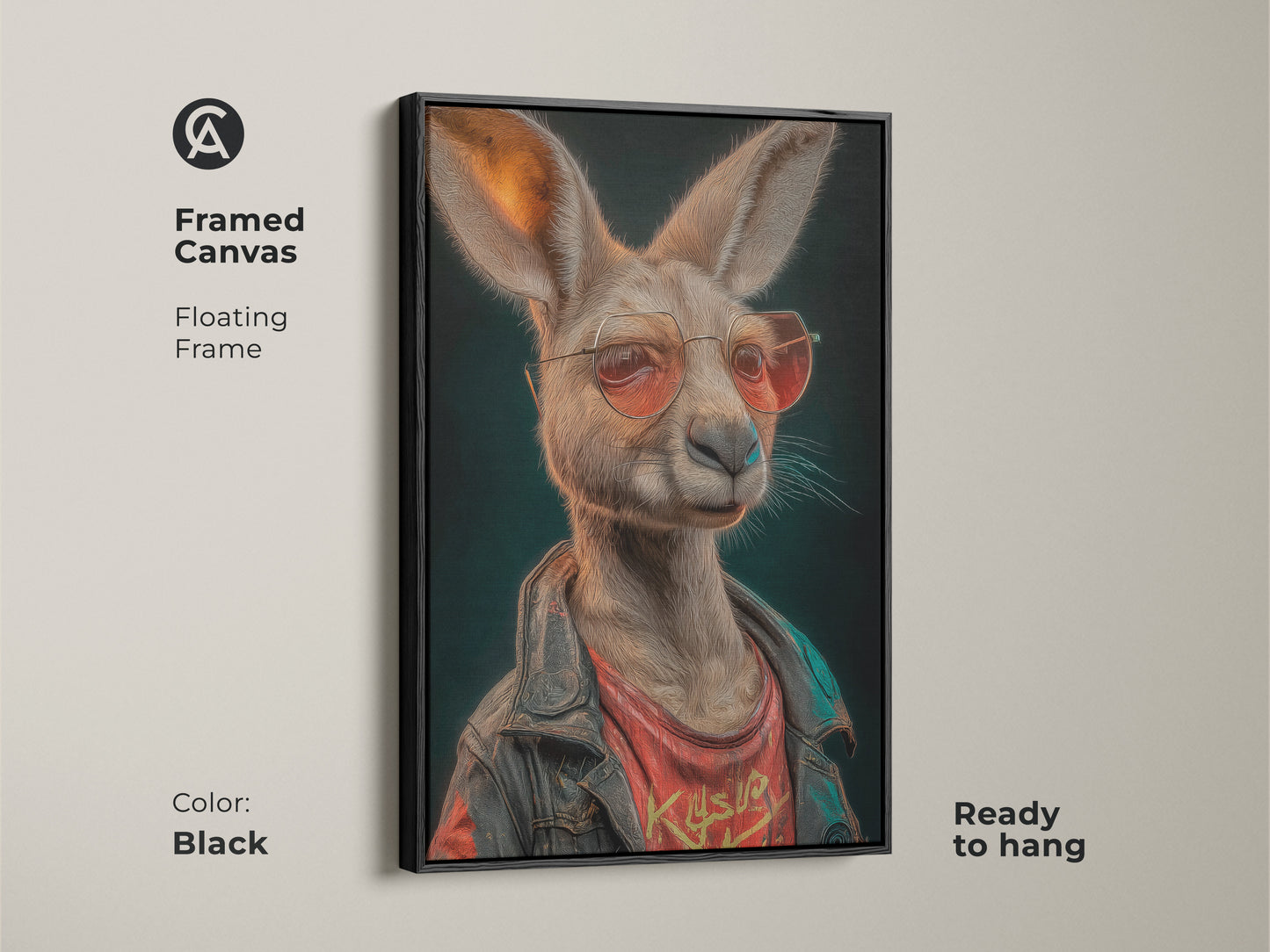 A framed canvas in black displays kangaroo art. This pop culture canvas art is ready to hang. The floating frame enhances the artwork. It's a great gift for him. It's a cool addition to eclectic home decor. This is a statement piece.