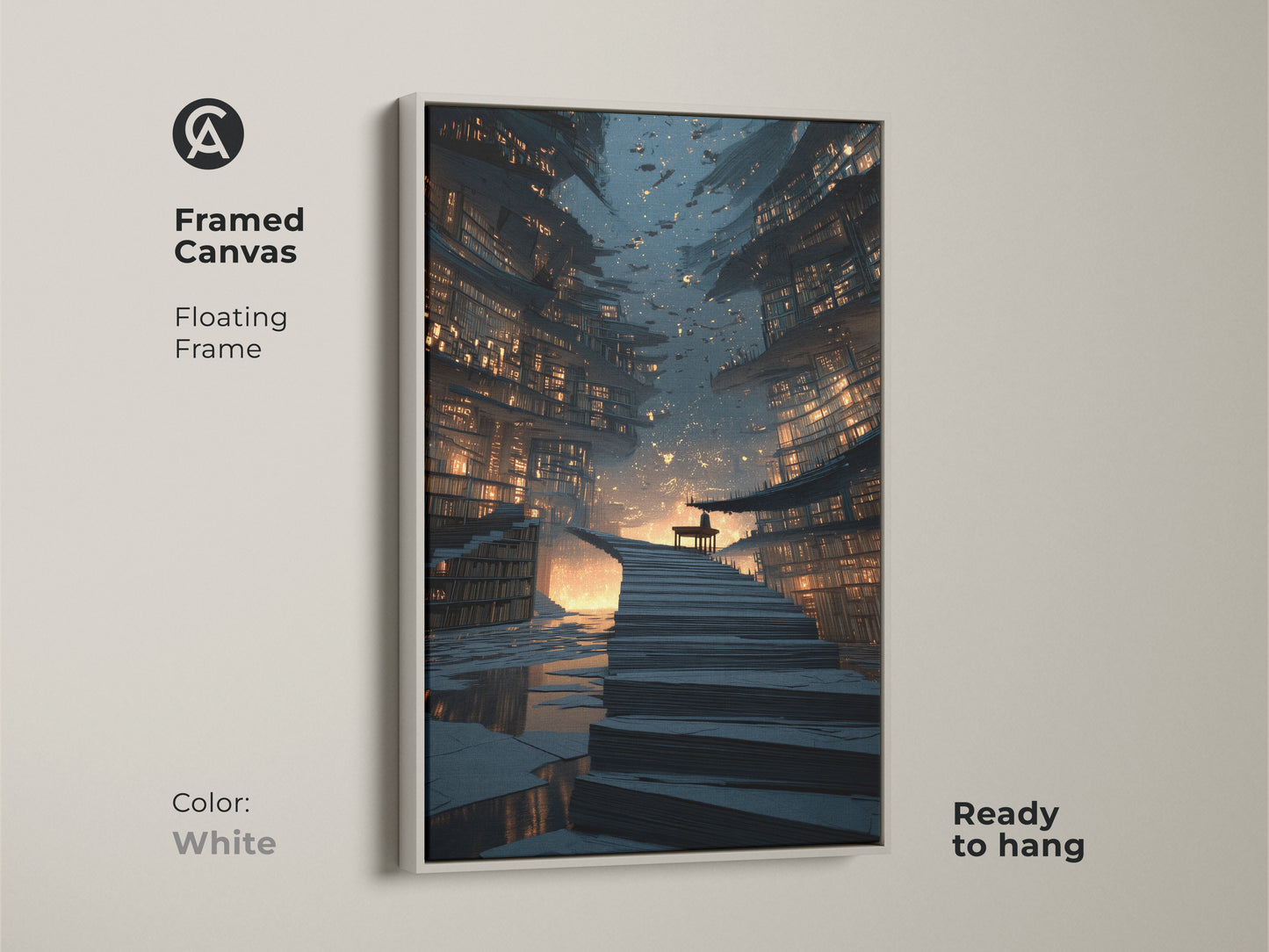 Framed canvas of a futuristic cityscape with a floating white frame. This bookshelf staircase wall art is a striking piece. The navy gold orange art adds a contemporary touch to any room. Science fiction home decor that is ready to hang.
