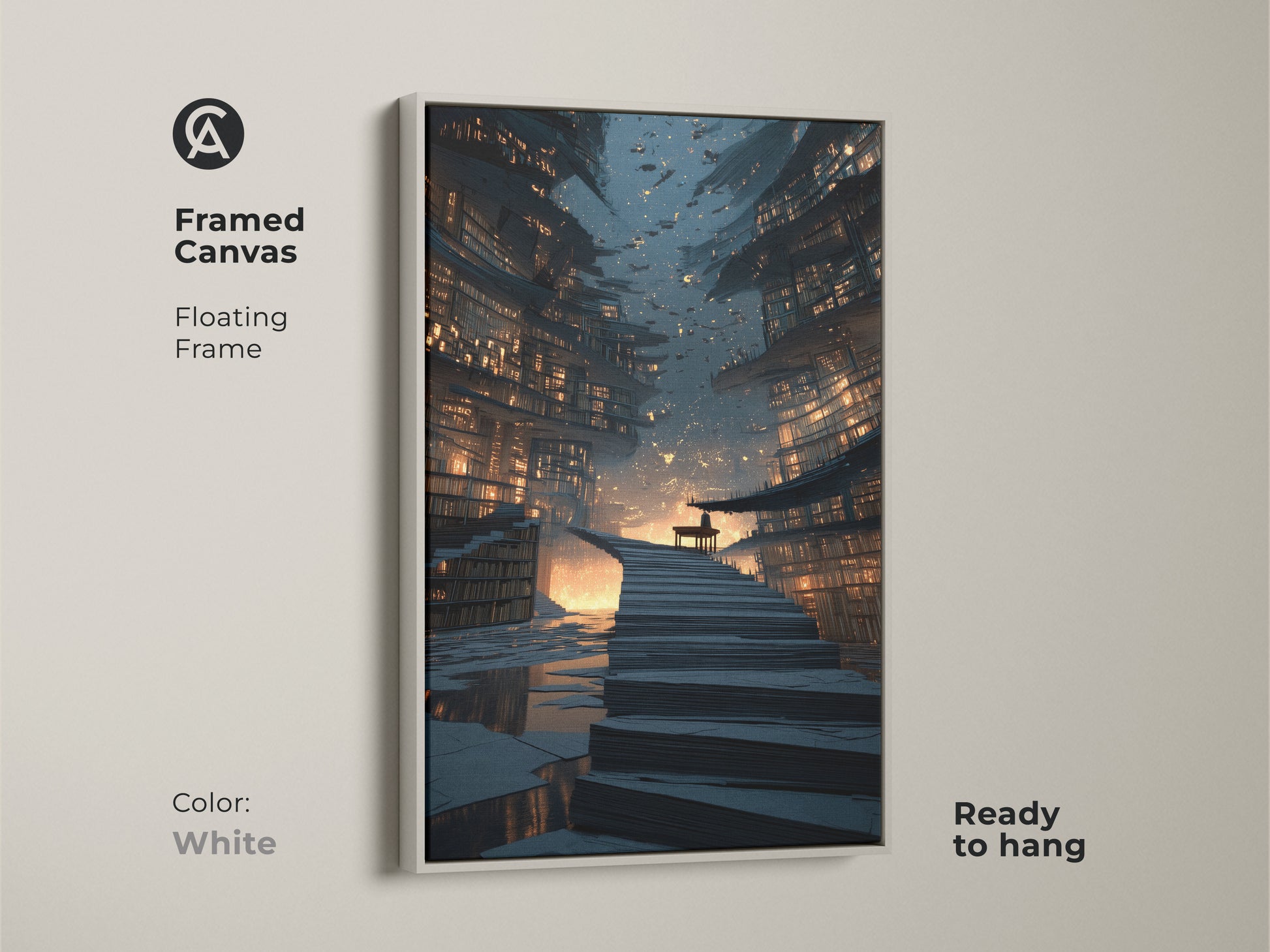 Framed canvas of a futuristic cityscape with a floating white frame. This bookshelf staircase wall art is a striking piece. The navy gold orange art adds a contemporary touch to any room. Science fiction home decor that is ready to hang.