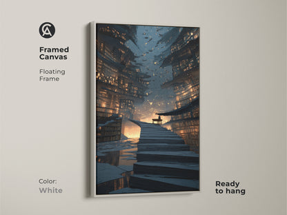 Framed canvas of a futuristic cityscape with a floating white frame. This bookshelf staircase wall art is a striking piece. The navy gold orange art adds a contemporary touch to any room. Science fiction home decor that is ready to hang.