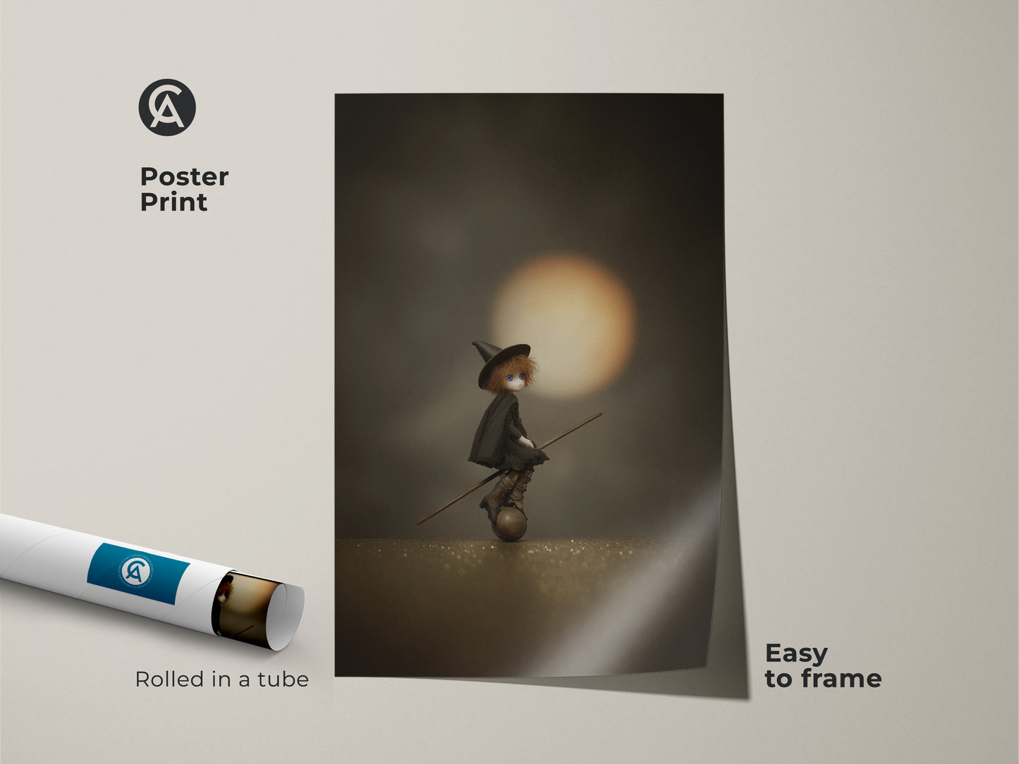 Poster print of a gothic Halloween wall art. It features a witch doll on a broomstick. The sepia orange fantasy print is easy to frame. This dark academia witchy decor is a unique witch art print. Rolled in a tube for protection.