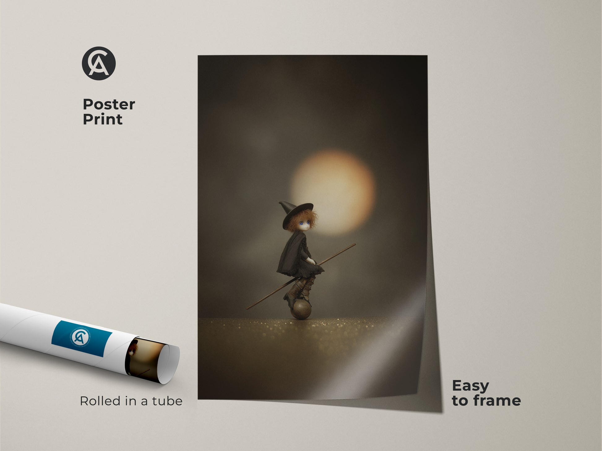 Poster print of a gothic Halloween wall art. It features a witch doll on a broomstick. The sepia orange fantasy print is easy to frame. This dark academia witchy decor is a unique witch art print. Rolled in a tube for protection.