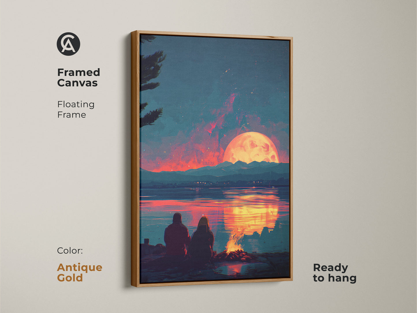 Framed canvas art of a couple watching a vibrant campfire sunset. The antique gold floating frame adds elegance to this scenic piece. This teal and orange art is ready to hang. Ideal for a cozy and romantic bedroom setting. A perfect anniversary gift for couples.