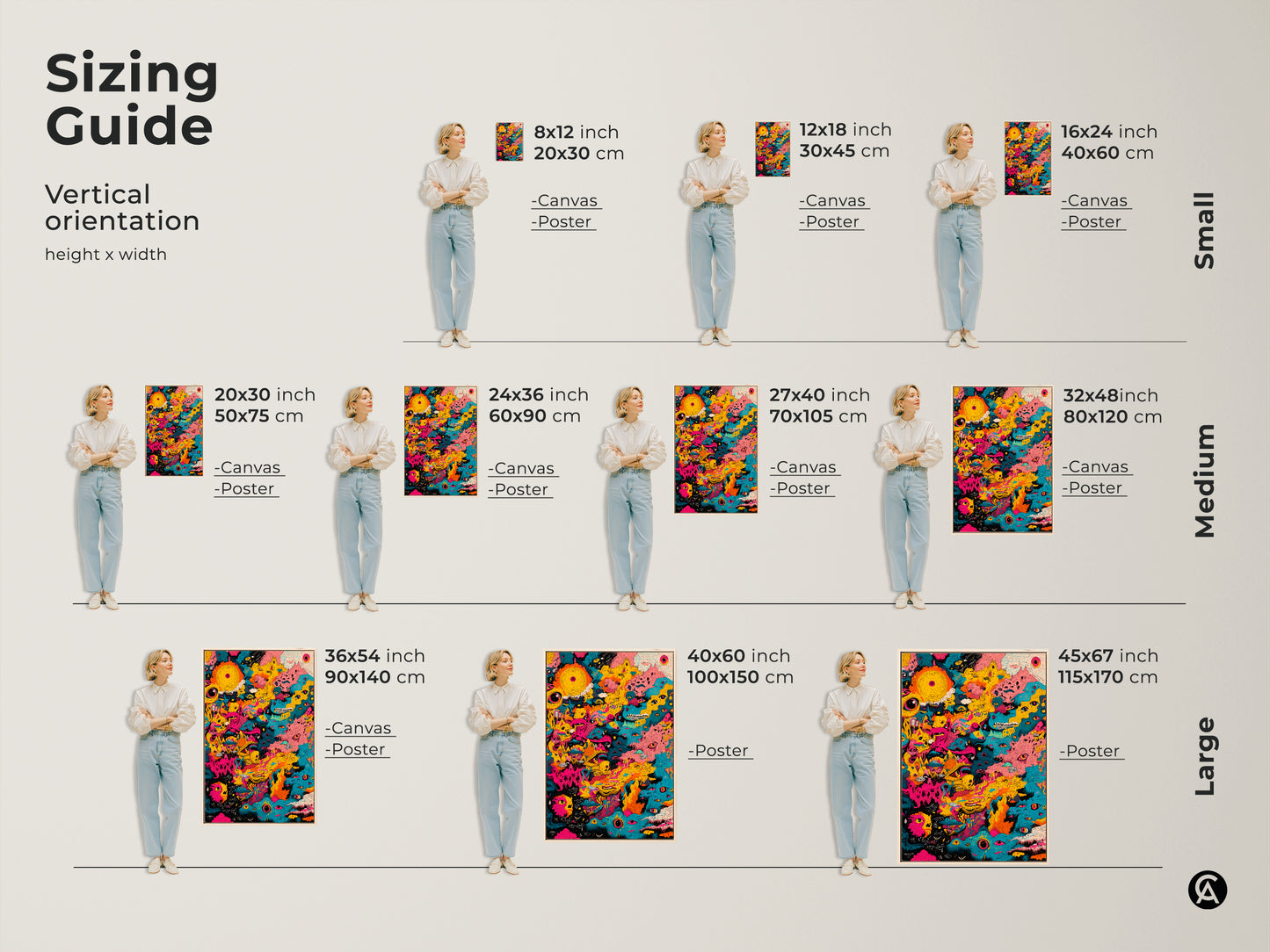 Sizing guide for vertical abstract eye artwork. Available in small medium and large sizes. Choose from canvas or poster prints. Visualize the artwork in 8x12 to 45x67 inch dimensions. Perfect for any space.
