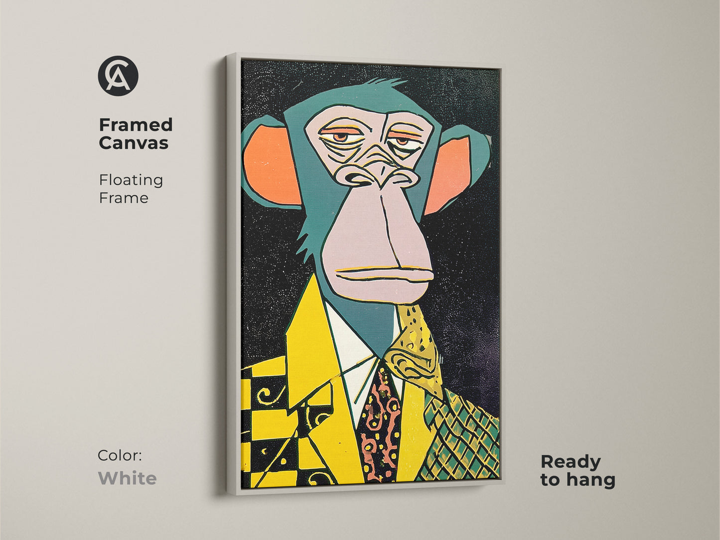 This framed canvas artwork features an ape in a suit. The floating frame is in a clean white color. It offers a modern touch to any space. The artwork is ready to hang. Buy this high-quality art piece for your home