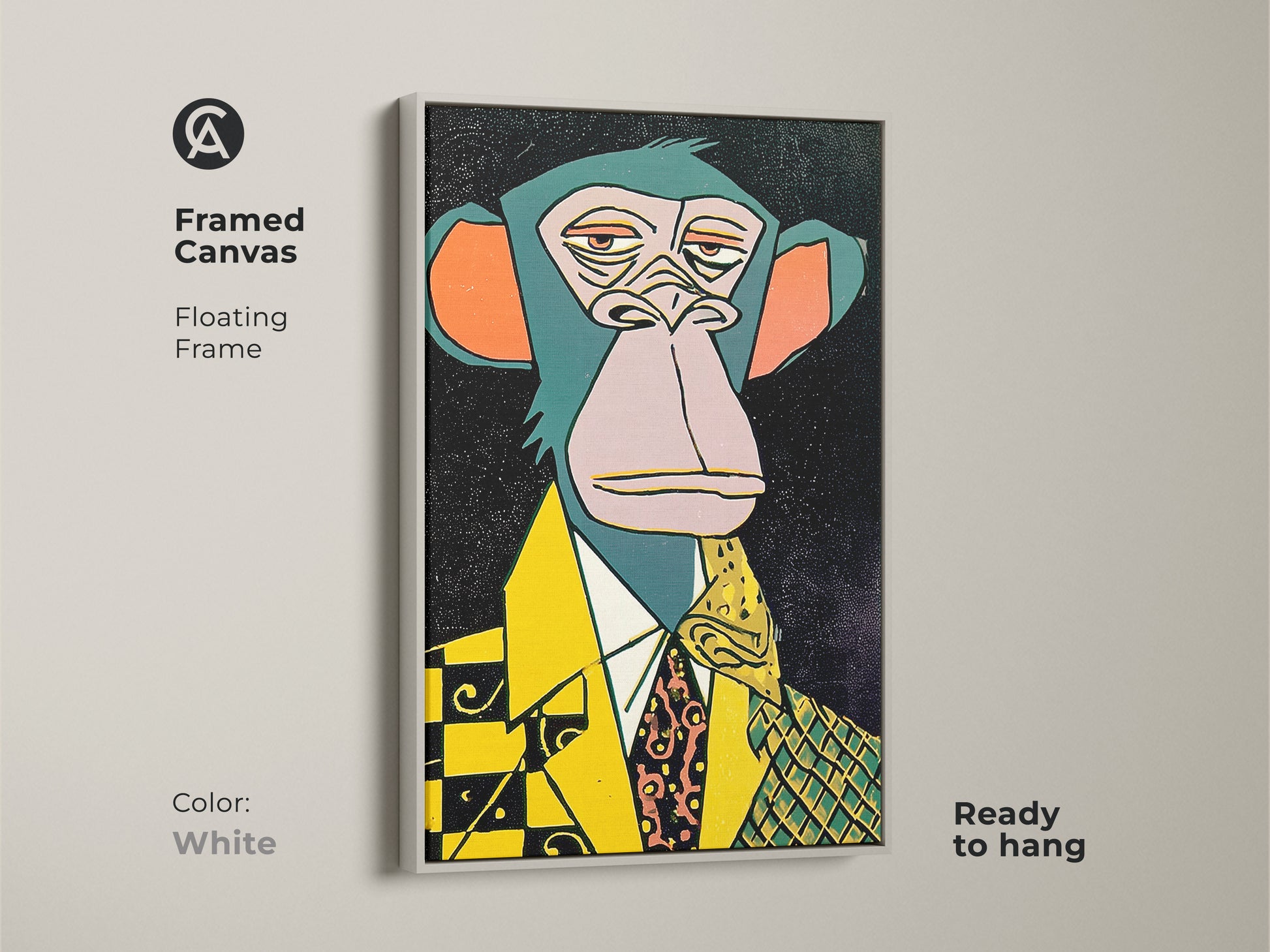 This framed canvas artwork features an ape in a suit. The floating frame is in a clean white color. It offers a modern touch to any space. The artwork is ready to hang. Buy this high-quality art piece for your home