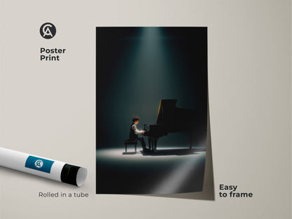 Poster print featuring a pianist in the spotlight. This art is easy to frame and adds a touch of class to any space. Purchase this rolled poster print for a simple decor solution.