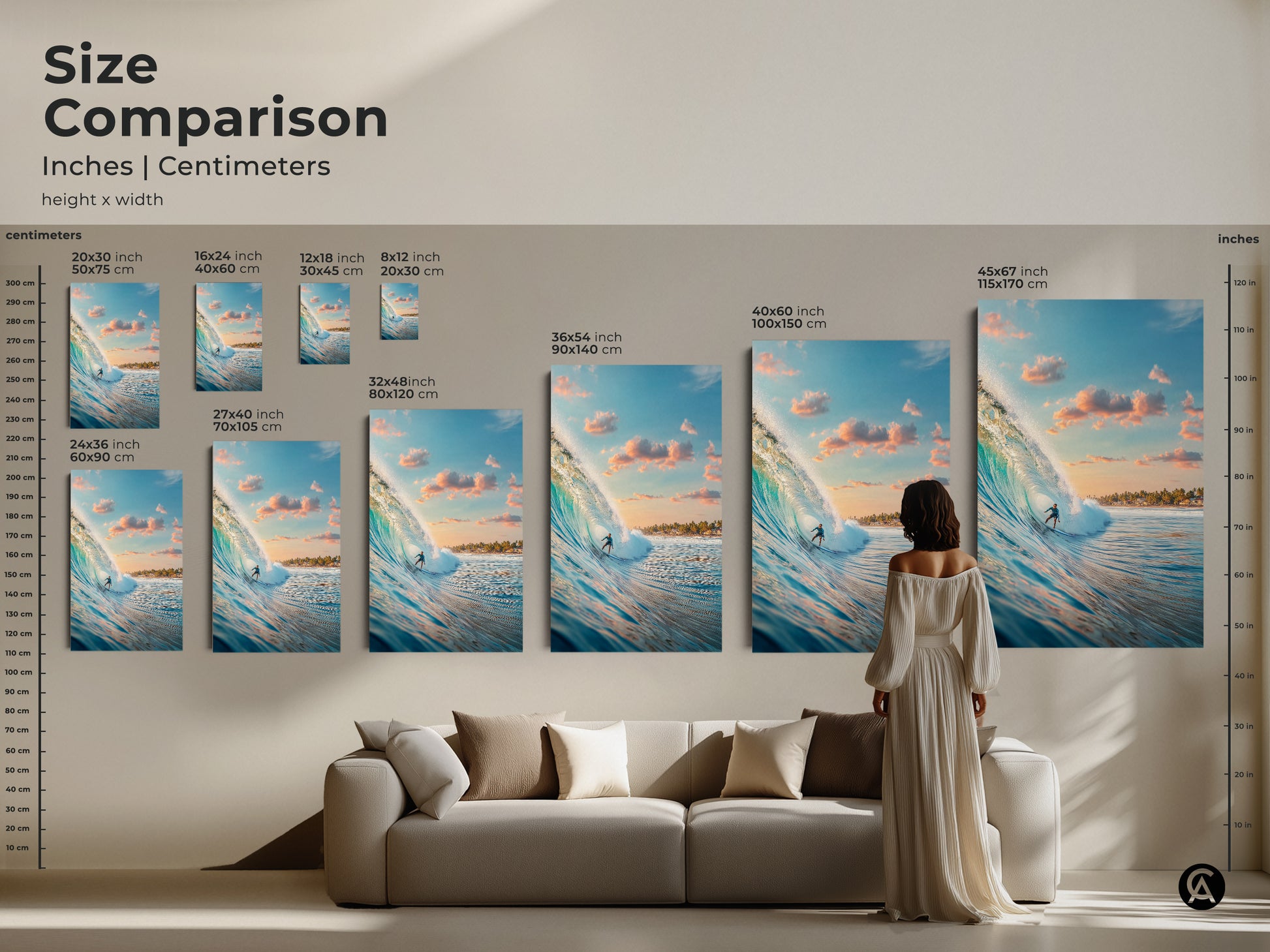 Compare sizes with this surfer artwork size comparison guide. See how each canvas and poster size transforms a living room. From small accents to large statement pieces. Find the perfect fit for your space and style. Upgrade your home now.