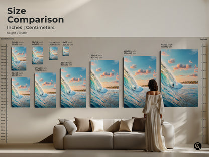 Compare sizes with this surfer artwork size comparison guide. See how each canvas and poster size transforms a living room. From small accents to large statement pieces. Find the perfect fit for your space and style. Upgrade your home now.